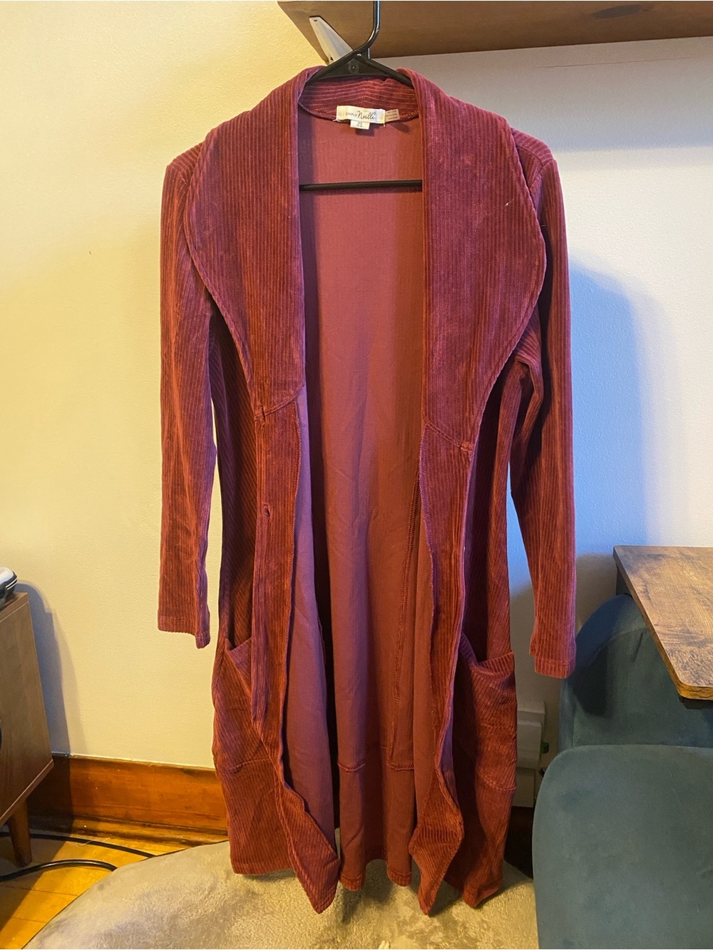 Simply Noelle Long Open-Front Corduroy Cardigan in Burgundy